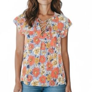 NWT LUCKY BRAND Floral Lace-Up Short Sleeve Pleated Women's Top Size Small